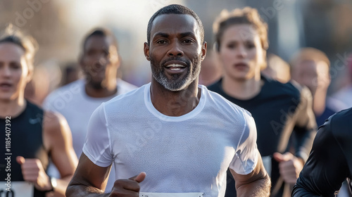 A determined runner leads in a diverse group during a marathon, capturing the energy and dedication of athletic pursuit. photo