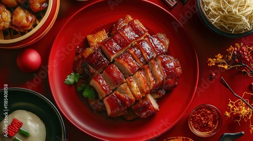 Chinese New Year dish of braised pork belly with soy sauce, symbolizing family harmony and prosperity, beautifully served on a red plate. photo