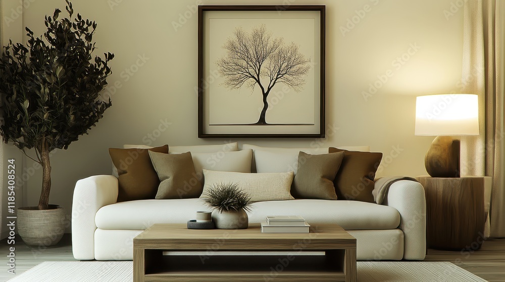 Fototapeta premium luxurious living room, warm lighting, elegant sofa, golden accents, modern art, potted plant, coffee table, textured wall panels, decorative pillows, cozy atmosphere, minimalist design, earth tones, a