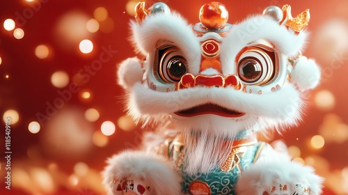 Chinese toy lion dance with detailed fur texture and bright colors, set against a festive red background photo