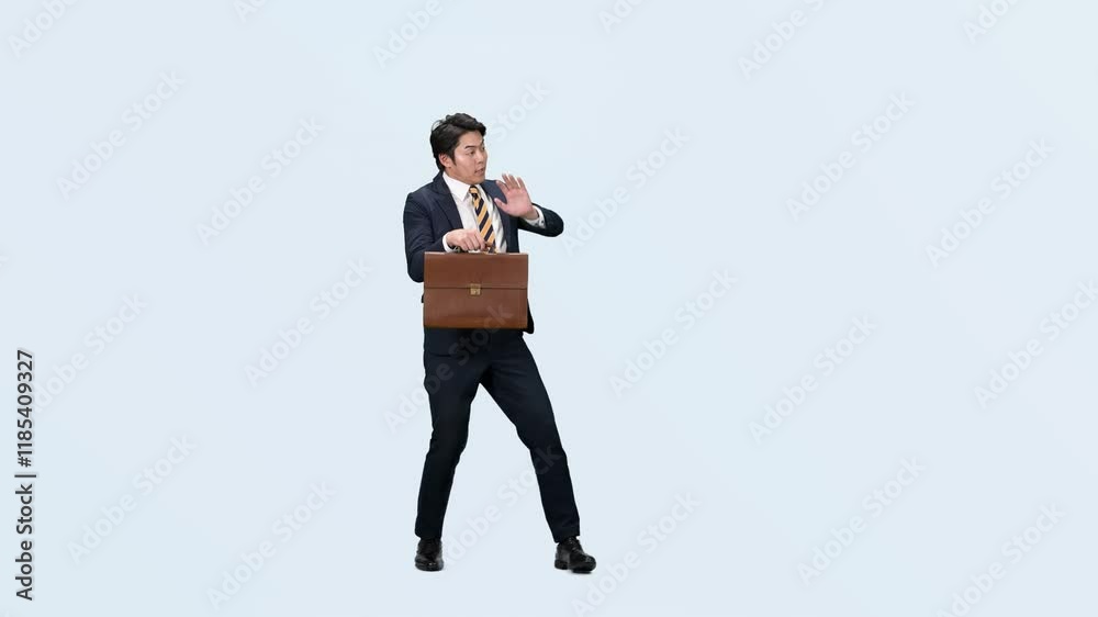 dance, businessman, man, business, walking, dancer, businessperson, people, full body, bag, office worker, salaryman, japanese, asian, suit, cut-out, copy space, stage, performance, sales, acting, com