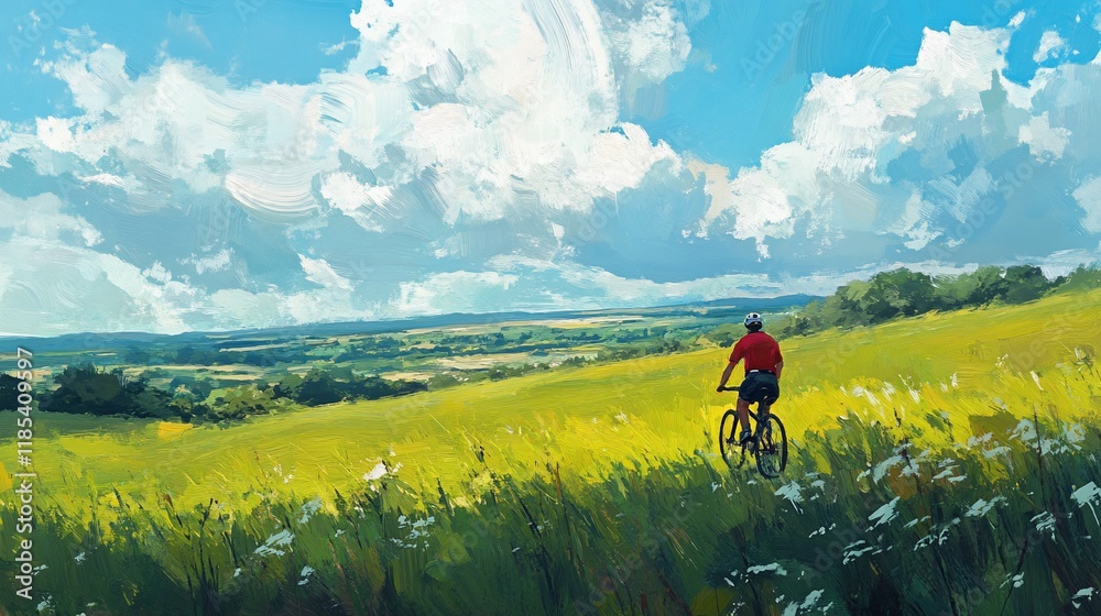 A man on a bicycle rides through a vibrant, grassy field on a sunny day with large, fluffy clouds above. A man on a bicycle rides through a vibrant, grassy field on a sunny day with large, fluffy clouds above.