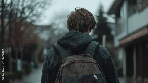 Sad Teen Boy Walking Away, Backpack, Suburban Street, Gloomy Day