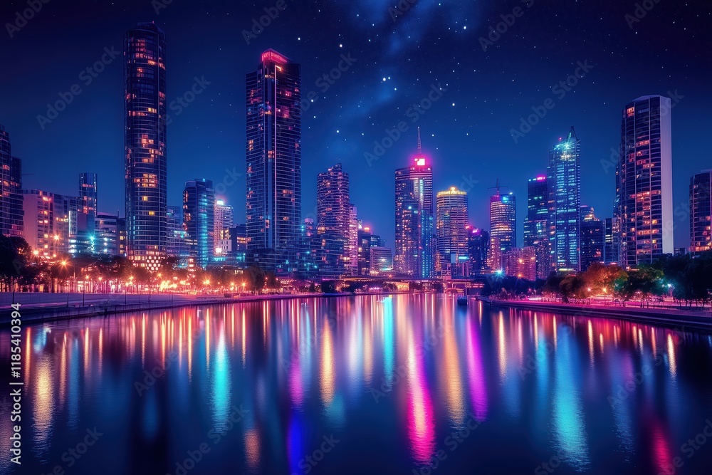 Fototapeta premium Breathtaking Night View of Modern City Skyline with Starry Sky Reflecting on River