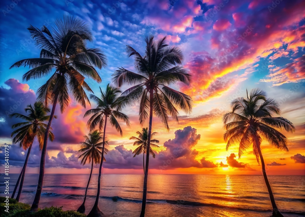 Stunning Summer Sunset: Palm Trees, Ocean & Sky Watercolor Landscape Stunning Summer Sunset: Palm Trees, Ocean & Sky Watercolor Landscape