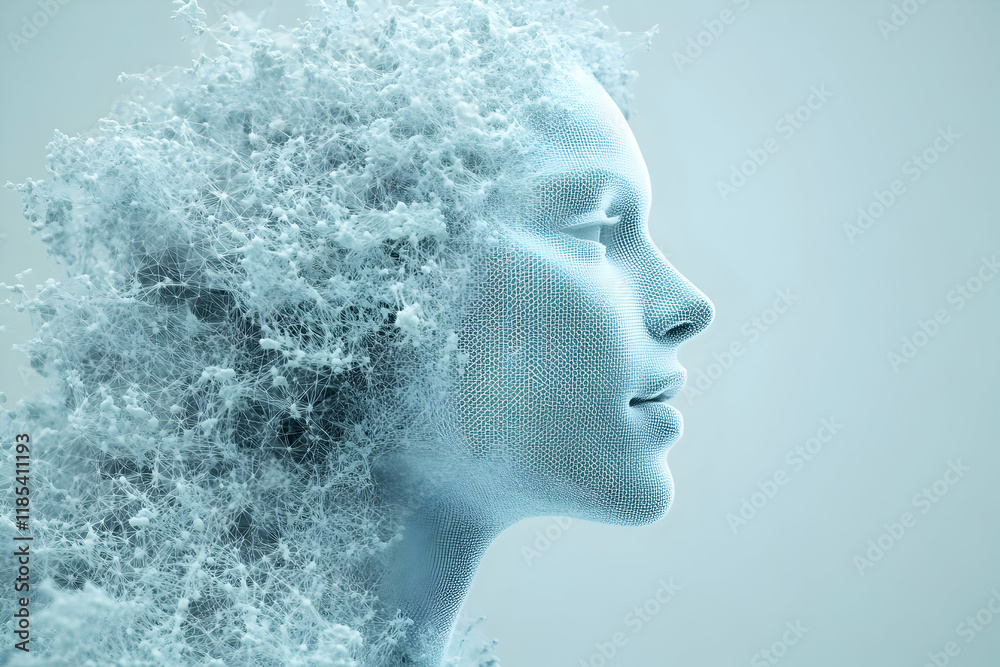Digital Woman, A Mesh of Nodes and Connections, Forming a Serene Profile. Exquisite digital art reveals intricate details, showcasing the beauty of connectivity. Digital Woman, A Mesh of Nodes and Connections, Forming a Serene Profile. Exquisite digital art reveals intricate details, showcasing the beauty of connectivity.