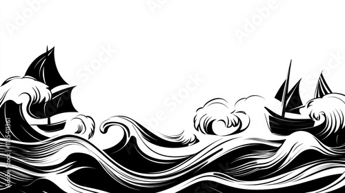 Two sailing ships navigating turbulent waves in a monochrome illustration.