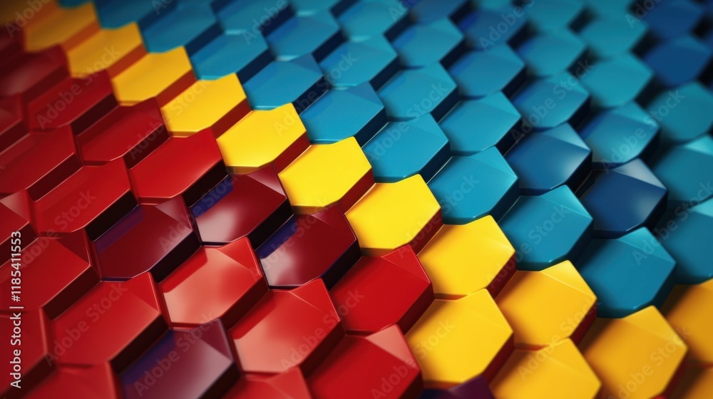 Fototapeta premium Abstract Hexagon Pattern in Vibrant Red Yellow and Blue Hues: A 3D Geometric Design