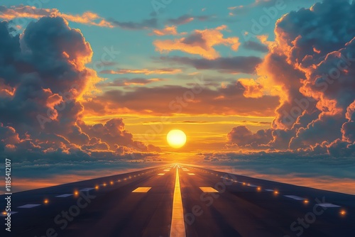 Dramatic Sunset Over Airport Runway With Vibrant Clouds And Runway Lights At Dusk