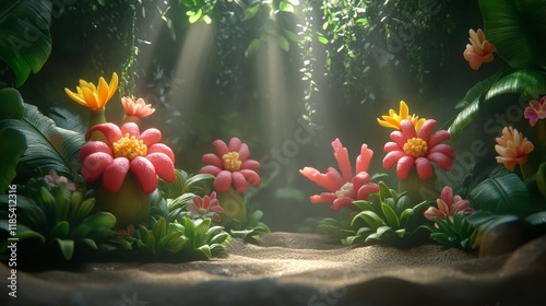 Sunlit Enclave of Stylized, Playful Flowers in a Lush, Verdant Forest