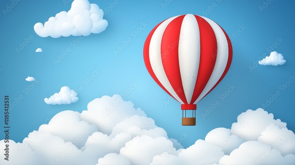 Obraz premium Red and white striped hot air balloon soaring amidst fluffy white clouds in a clear blue sky
