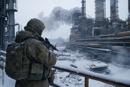 Soldier in winter camouflage stands guard at an industrial plant with smoke billowing from tall stacks, showcasing a blend of nature's harshness and human engineering