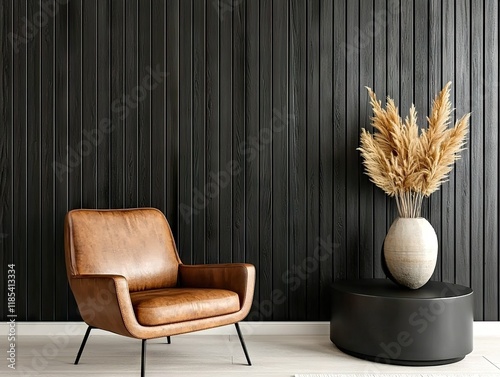 Stylish home interior design modern living room with black accent wall and elegant decor