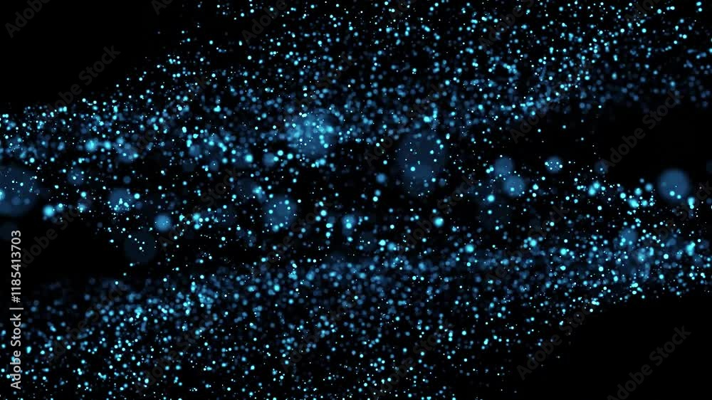 abstract blue looped background of glowing particles like Chrisrmas garland. Dark composition with oscillating luminous particles that form surface. Smooth animation looped.