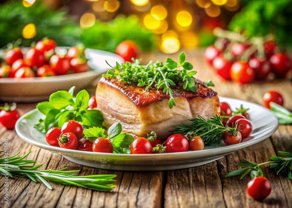 Succulent Pork Belly with Cherry Tomatoes and Herbs on White Plate - Bokeh Background Succulent Pork Belly with Cherry Tomatoes and Herbs on White Plate - Bokeh Background