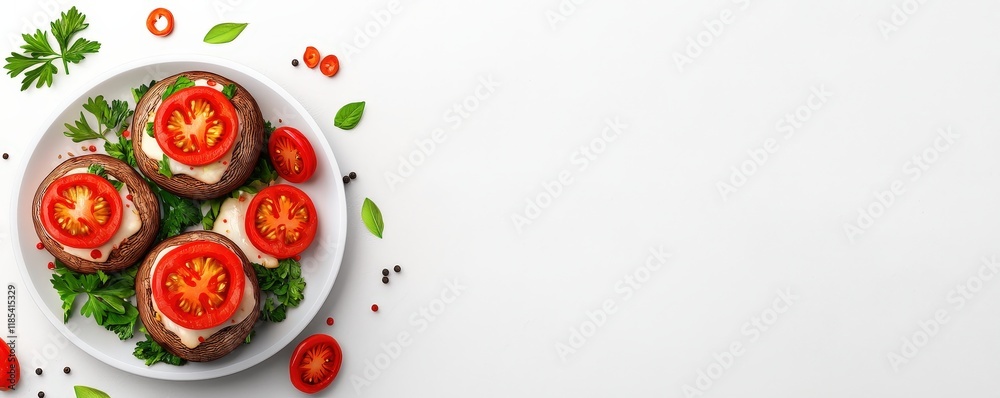 Plant-Based Cuisine with Seasonal Herbs for Vegan Living concept. Fresh vegetable salad with tomatoes and herbs on a plate Plant-Based Cuisine with Seasonal Herbs for Vegan Living concept. Fresh vegetable salad with tomatoes and herbs on a plate