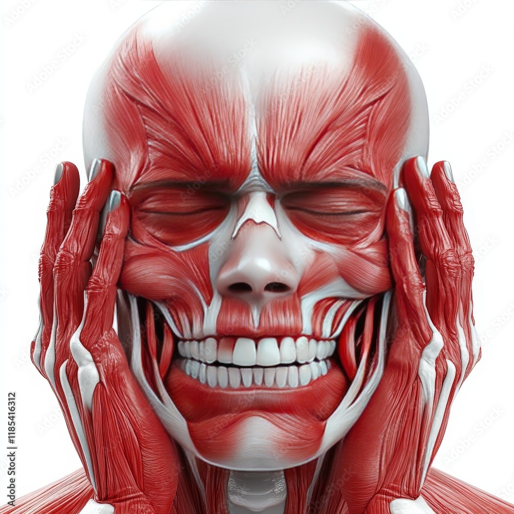 Naklejka premium Anatomical illustration of a human face with exposed muscles and tendons, offering a detailed and precise view of human physiology for educational and medical use