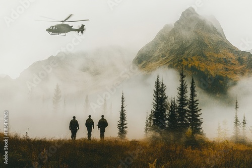 Soldiers on a foggy landscape with helicopter flying over mountain forest in dramatic weather, featuring trees and rugged terrain