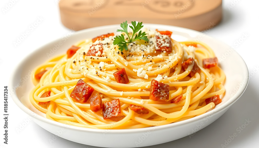 Close-up of a plate of spaghetti carbonara, showcasing the golden pasta strands coated in a creamy sauce, topped with crispy pieces of cured meat and a sprinkle of Parmesan cheese and fresh parsley. Close-up of a plate of spaghetti carbonara, showcasing the golden pasta strands coated in a creamy sauce, topped with crispy pieces of cured meat and a sprinkle of Parmesan cheese and fresh parsley.