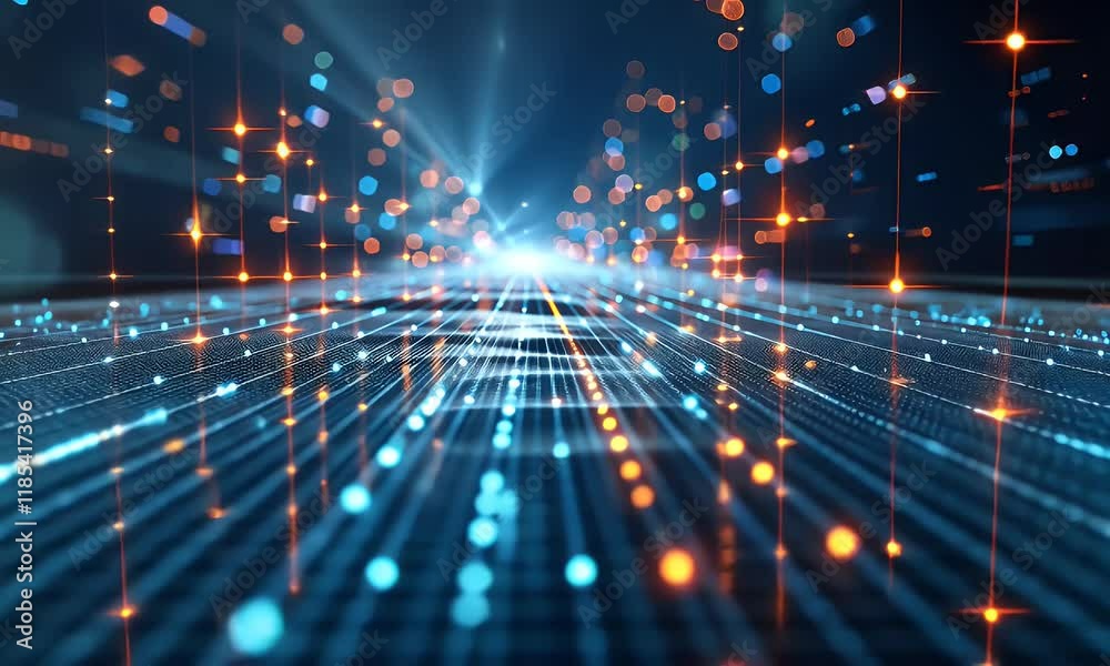 Abstract digital data stream, glowing blue and orange lights converging at a vanishing point.