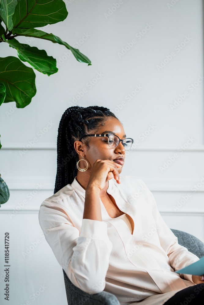 Black business woman in glasses sitting thoughtfully, wearing a white blouse portrait. Thoughtful expression of a black business woman portrait. Business woman portrait. Black business woman in glasses sitting thoughtfully, wearing a white blouse portrait. Thoughtful expression of a black business woman portrait. Business woman portrait.