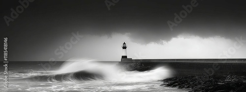 Lighthouse in Dramatic Monochrome: Coastal Seascape with Powerful Waves