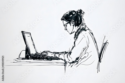 Minimalist Simple Line Drawing of a Woman Working on a Laptop, Modern Continuous Line Art Illustration of Female Freelancer or Student Using Computer, Elegant Black and White Sketch Animation