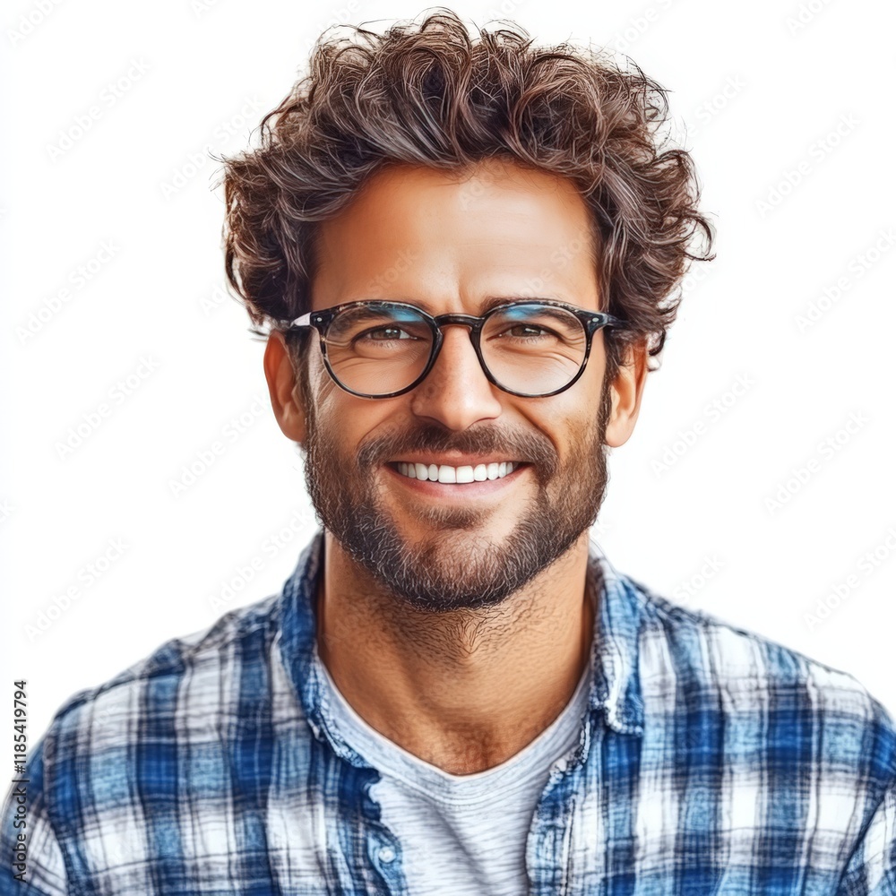 Portrait of a cheerful bearded man in a checkered shirt, radiating friendliness and confidence, isolated on a clean white background in a professional stock photo Portrait of a cheerful bearded man in a checkered shirt, radiating friendliness and confidence, isolated on a clean white background in a professional stock photo