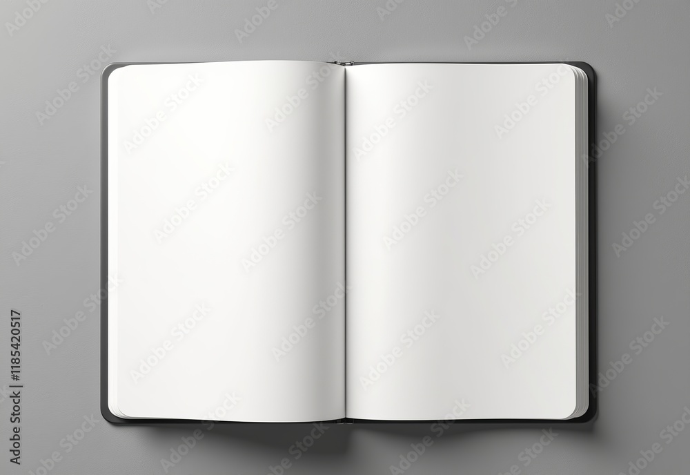 Creative Mockup of an Open Notebook with Blank Pages on a Soft Grey Textured Surface for Designers and Artists Creative Mockup of an Open Notebook with Blank Pages on a Soft Grey Textured Surface for Designers and Artists