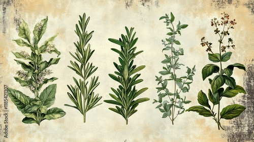 Five Culinary Herbs: A Vintage Botanical Illustration