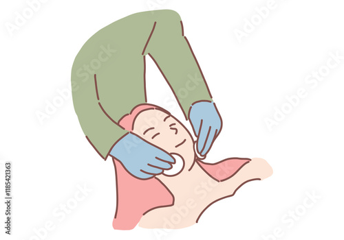 Young woman sleeping with eyes closed, getting a facial massage at a skin spa. Hand drawn style vector design illustrations.
