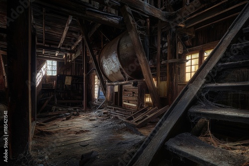 Abandoned mill interior slung derelict forsaken outcast photo