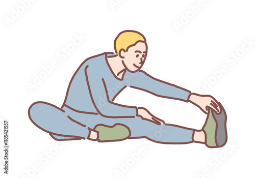 A young man is stretching his body in an exercise pose. Hand drawn style vector design illustrations.