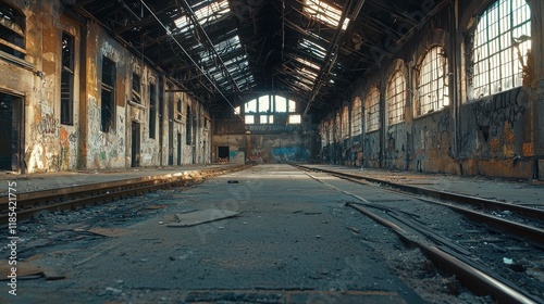 Abandoned train station interior slung derelict forsaken outcast photo