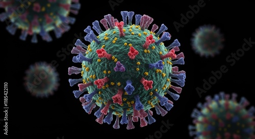 A detailed 3D rendering of a coronavirus particle, showcasing its distinct spike proteins and complex surface structure against a dark background