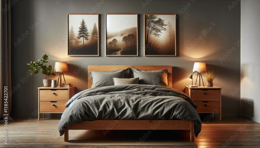 Modern bedroom interior, warm lighting, wood frame bed, blue bedding, framed landscape artwork, floor lamp, nightstand, potted plant, large window, wood flooring, textured wall panels, cozy atmosphere