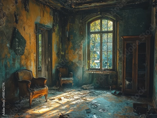 Abandoned villa interior slung derelict forsaken outcast photo