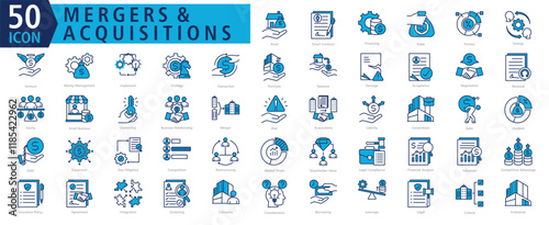MERGERS & ACQUISITIONS ICON SET With Asset, Smart Contract, Financing, Stake, Portion, Sinergy, Venture, Money Management, Implement and Strategy