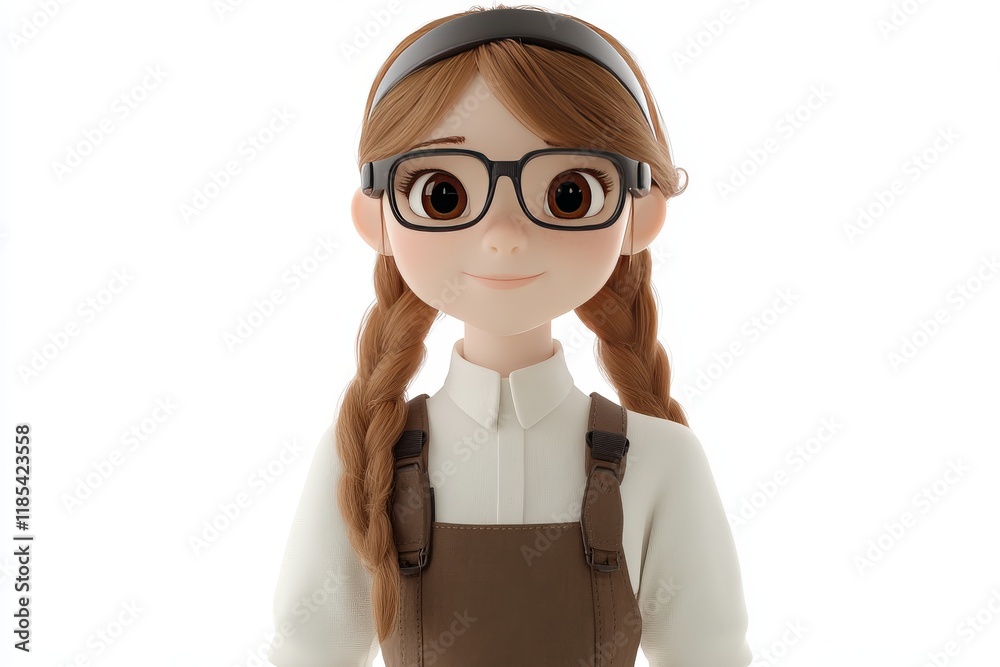 Adorable cartoon character with glasses and pigtails in a playful pose, blending minimalism and vibrant artistry in a 3D styled illustration Adorable cartoon character with glasses and pigtails in a playful pose, blending minimalism and vibrant artistry in a 3D styled illustration