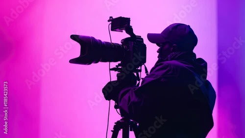 Silhouette of a Cameraman Filming Against a Vibrant Purple and Pink Background