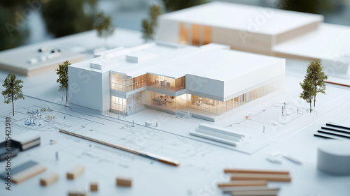 Modern architectural model showcasing sustainable design elements, with detailed blueprints and construction materials surrounding structure