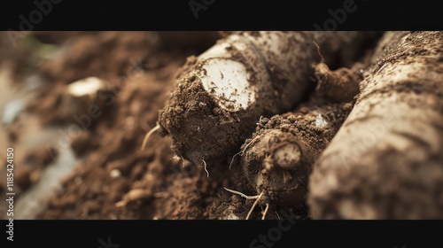 cassava, roots, freshly, harvested, wooden, surface, moist, soil, thick, textured, earthy, tones, white, 