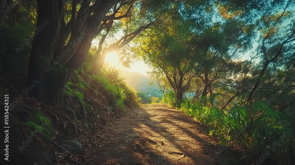 Obraz premium Scenic Nature Walk Along Mountain Trail at Golden Hour