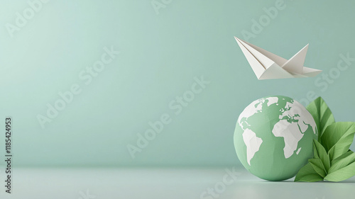 Paper airplane soaring above green globe surrounded by leaves, symbolizing eco friendliness and creativity photo