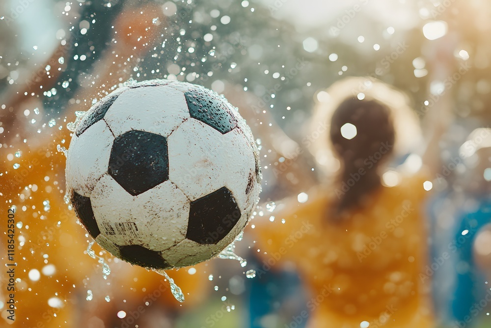Naklejka premium Close up occer ball in a game in full motion, lifting the grass and water from the ground due to the force of the ball's impact