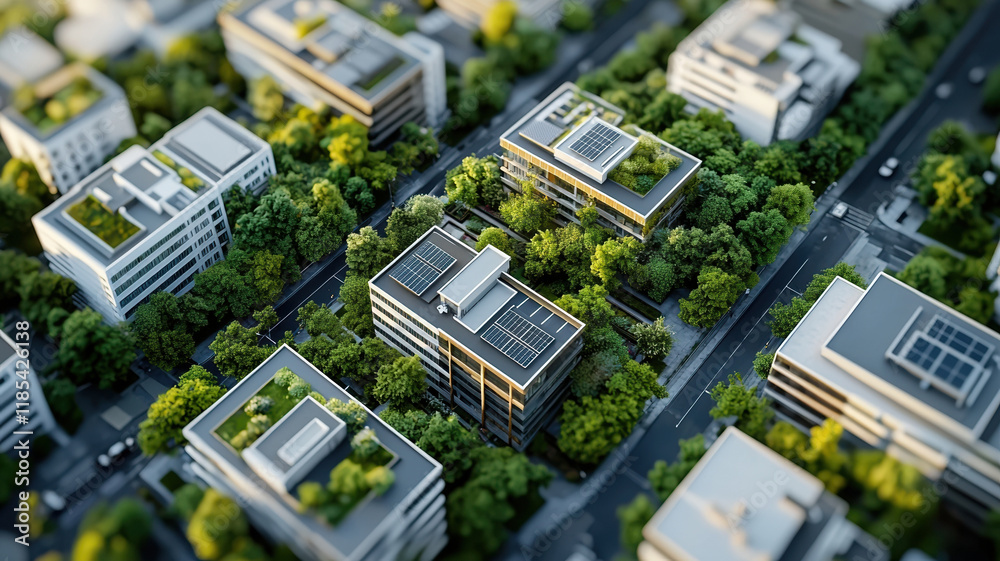 Aerial view of modern eco friendly buildings surrounded by greenery, showcasing sustainable architecture and urban planning Aerial view of modern eco friendly buildings surrounded by greenery, showcasing sustainable architecture and urban planning