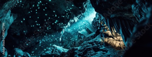 An intimate shot of the bioluminescent glowworm caves of Waitomo in New Zealand, Cave scene, Sublime style photo