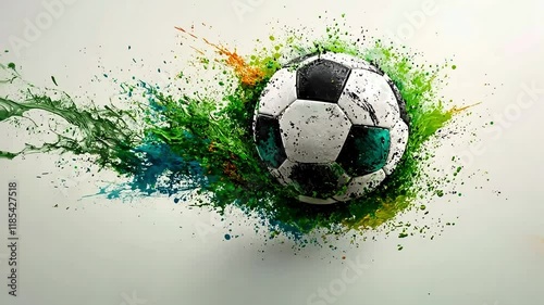 A soccer ball bursts from a cloud of green, blue, and orange paint. This image is shown in a gallery of sports-themed visuals, suggesting a website related to sports content creation. photo