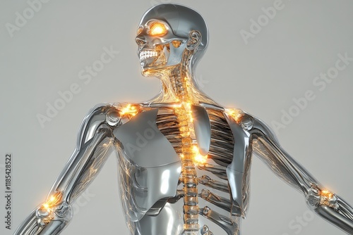 Transparent humanoid robot with glowing internal components, symbolizing the complexity of artificial intelligence, neural networks, and cutting edge robotics innovation photo