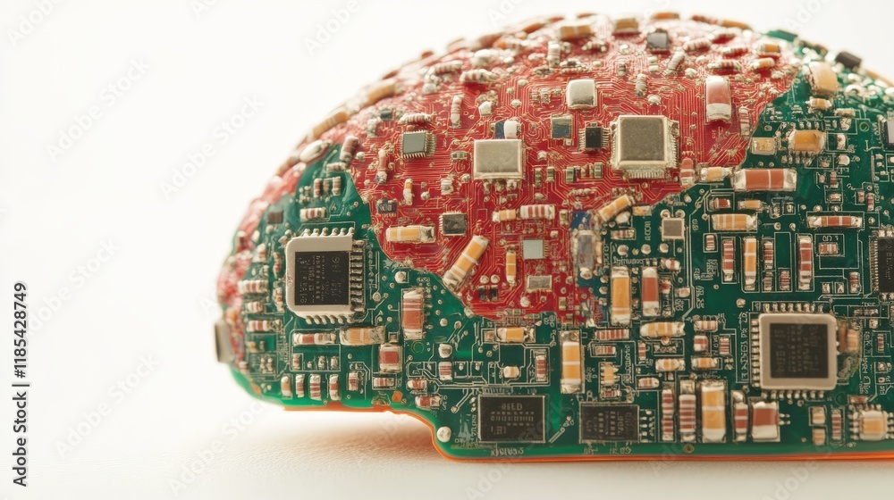 Circuit board in the shape of a brain, symbolizing the fusion of neuroscience, technology, and artificial intelligence in modern innovation Circuit board in the shape of a brain, symbolizing the fusion of neuroscience, technology, and artificial intelligence in modern innovation